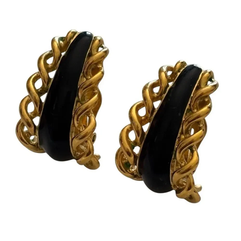 St. John Designer Gold Plate Twist Black Enamel Half Hoop Clip Earrings Vintage